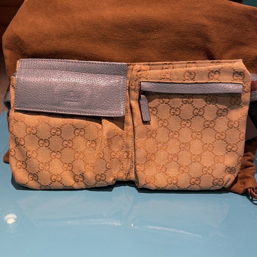 Gucci Monogram Belt Bag- Tan and light blue